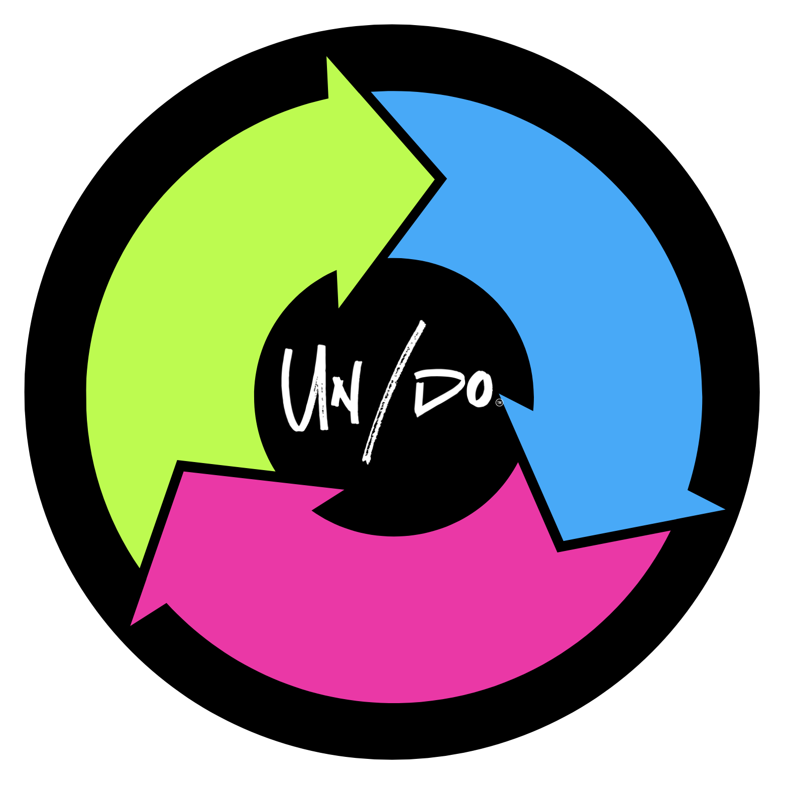Un/Do Mindset logo featuring three colorful arrows — green, blue, and pink — forming a circular cycle, with the Un/Do wordmark centered in a black circle.