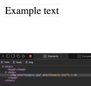 DevTools Elements panel showing an tag whose alt attribute reads "Example text," with the rendered image above displaying that same text.